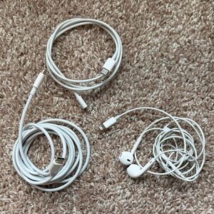 Two White USB-C to Lightning Cables & One Lightning Earbuds